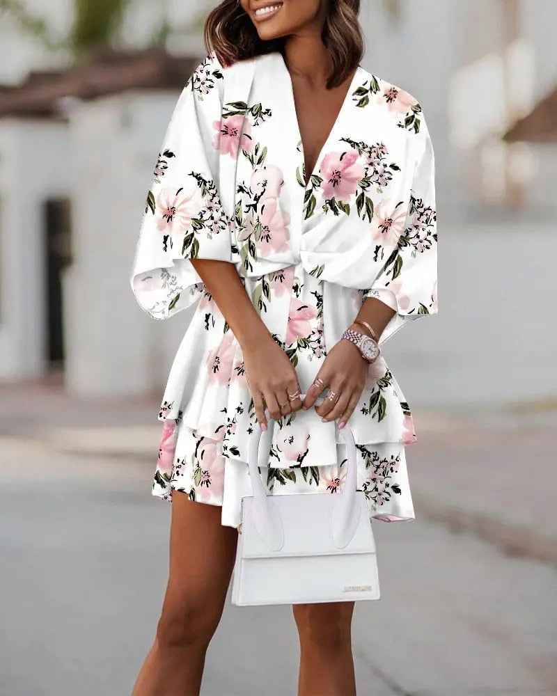 Women's V-Neck Mini Dress – Wrap Style with Ruffles – Lightweight and Elegant White