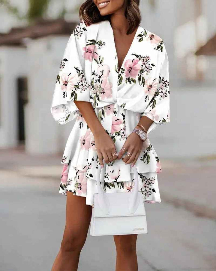 Women's V-Neck Mini Dress – Wrap Style with Ruffles – Lightweight and Elegant White