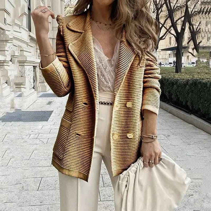 Women's Fitted Blazer - Double Button Design - Ribbed Texture - Classic Lapel Mocha