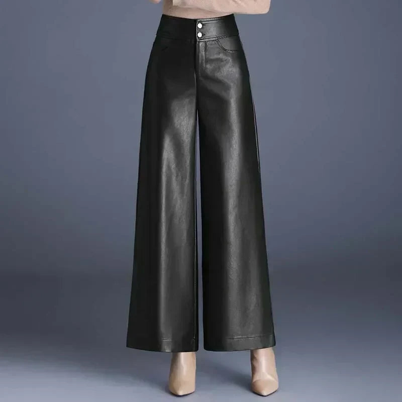 Stacia | Women's High Waist Faux Leather Trousers - Chic & Comfortable Black