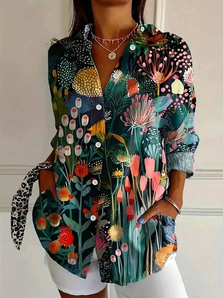 Women's Floral Button-Up Summer Blouse Green