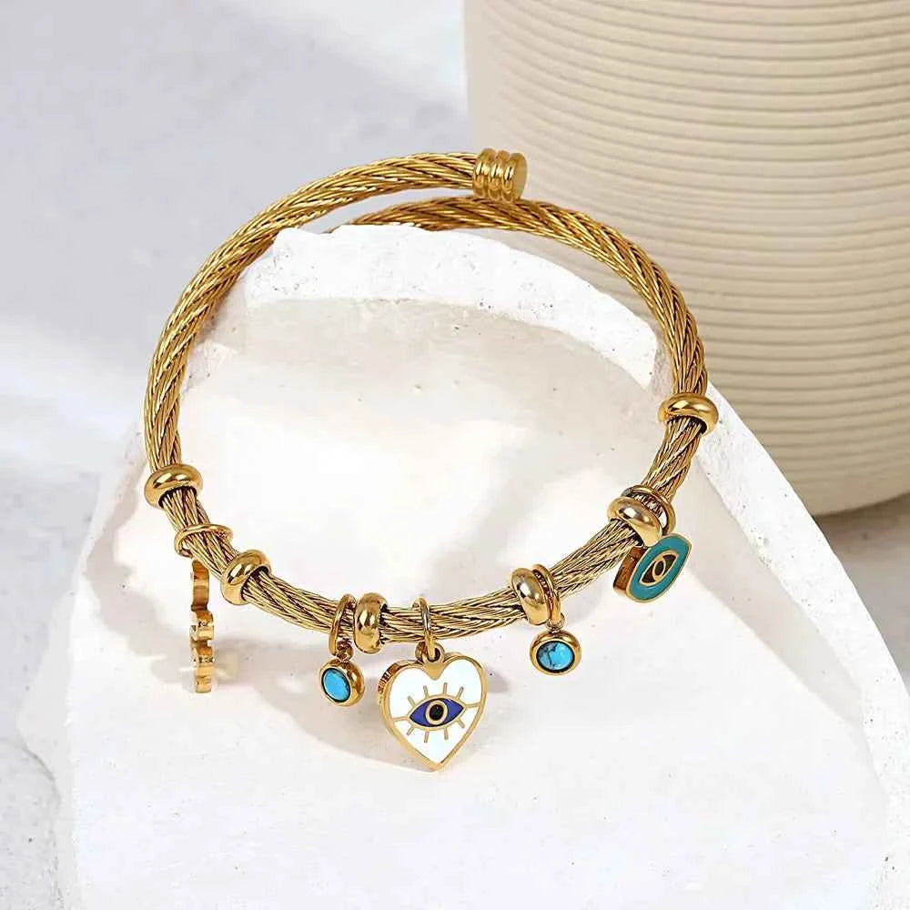 Open Cuff Bracelet with Evil Eye and Heart Charms