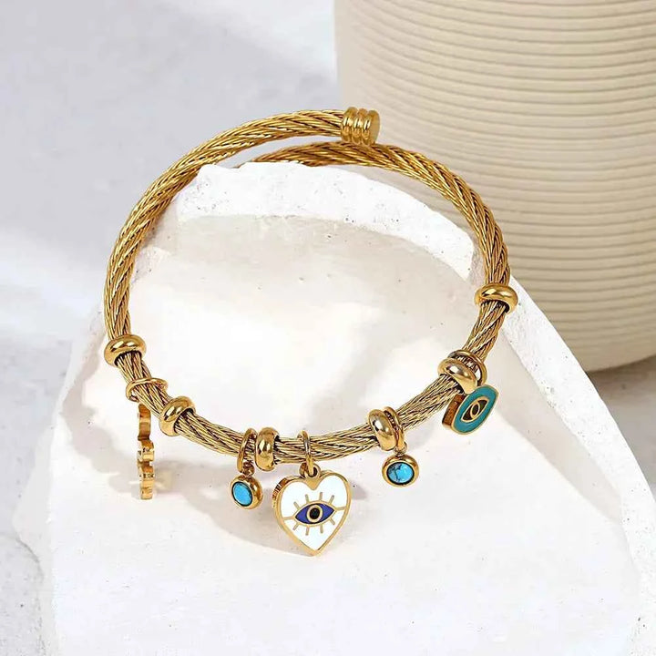 Open Cuff Bracelet with Evil Eye and Heart Charms