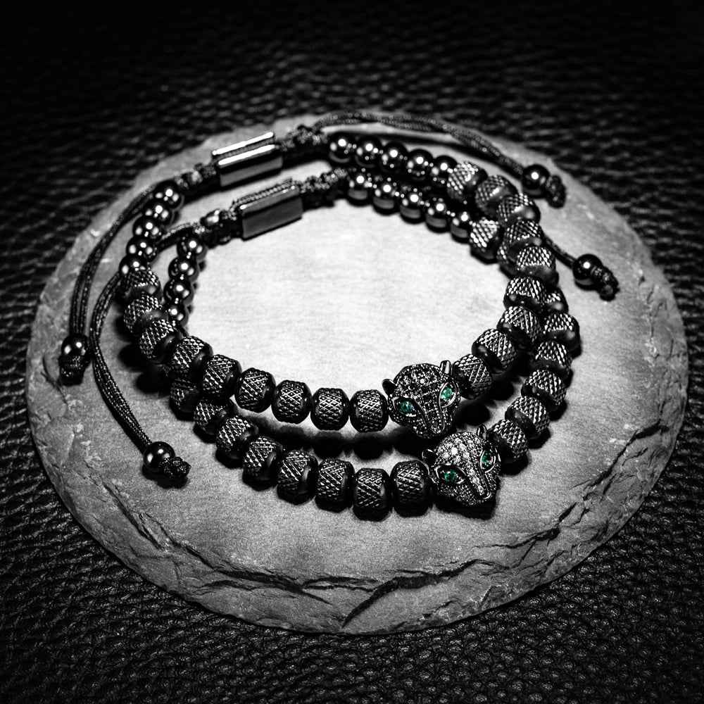 Three-Piece Panther Head Charm Braided Bracelet Set