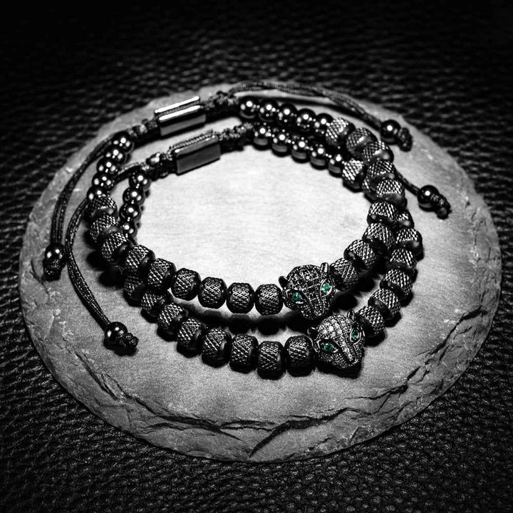 Three-Piece Panther Head Charm Braided Bracelet Set