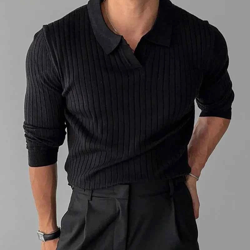 Men's Long Sleeve Striped Polo Shirt Black