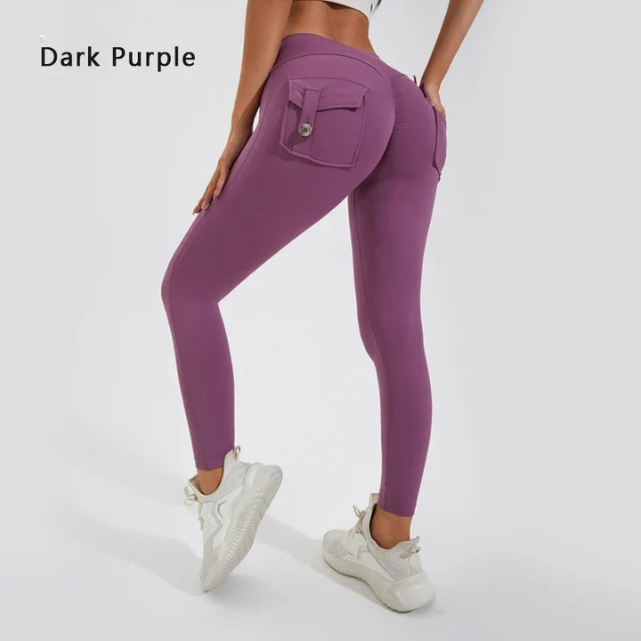 Women's Breathable Yoga Pants with Butt Pocket, Nylon Sports Leggings Dark Purple
