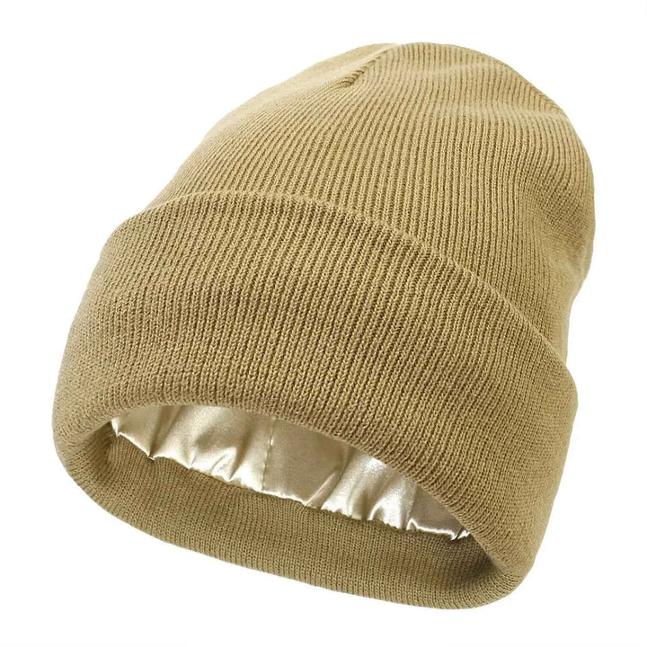 Wool Blend Ribbed Cuffed Beanie | Satin Lined for Comfort Khaki