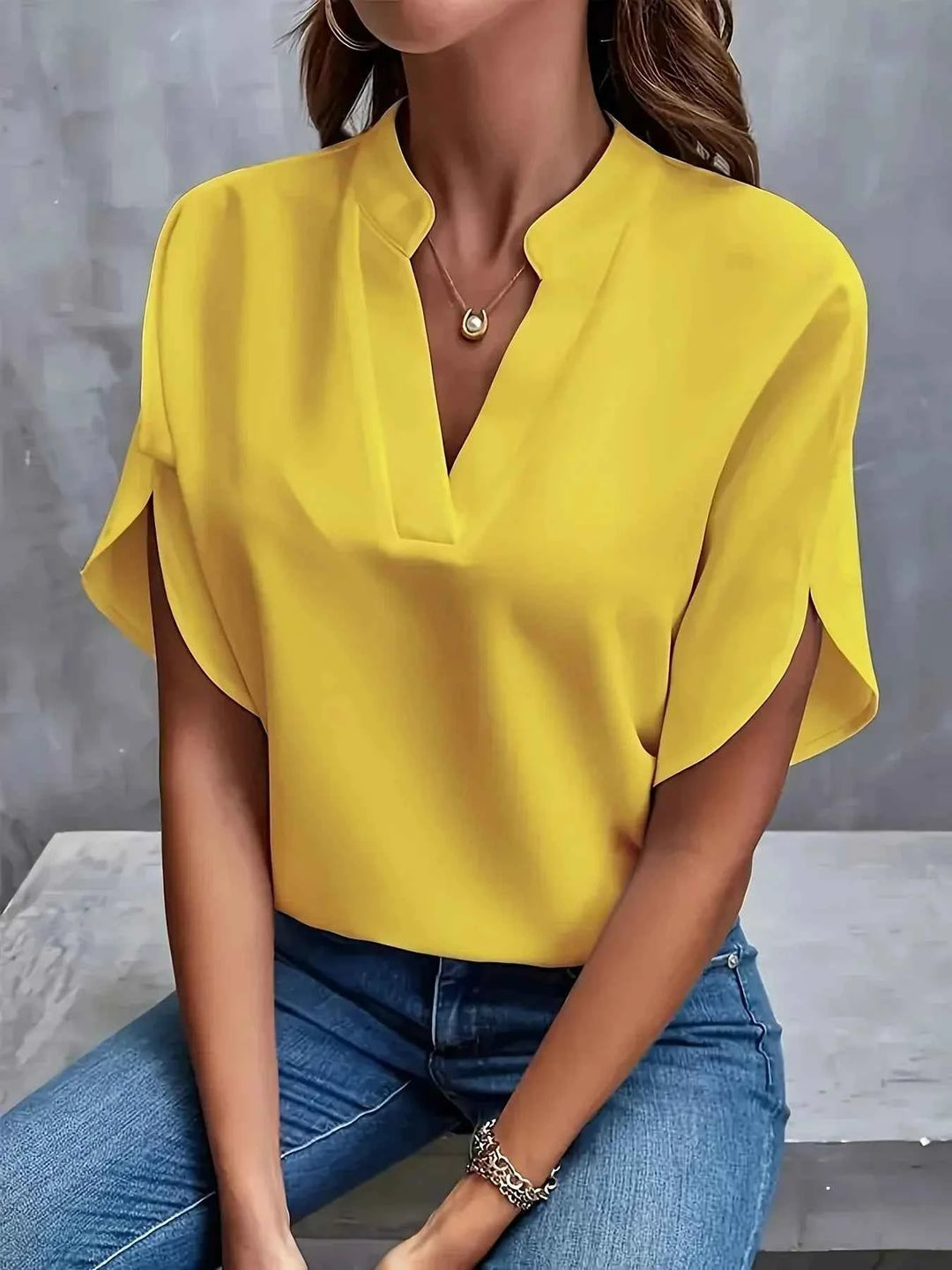 Women's Casual V-Neck Short Sleeve Blouse Yellow