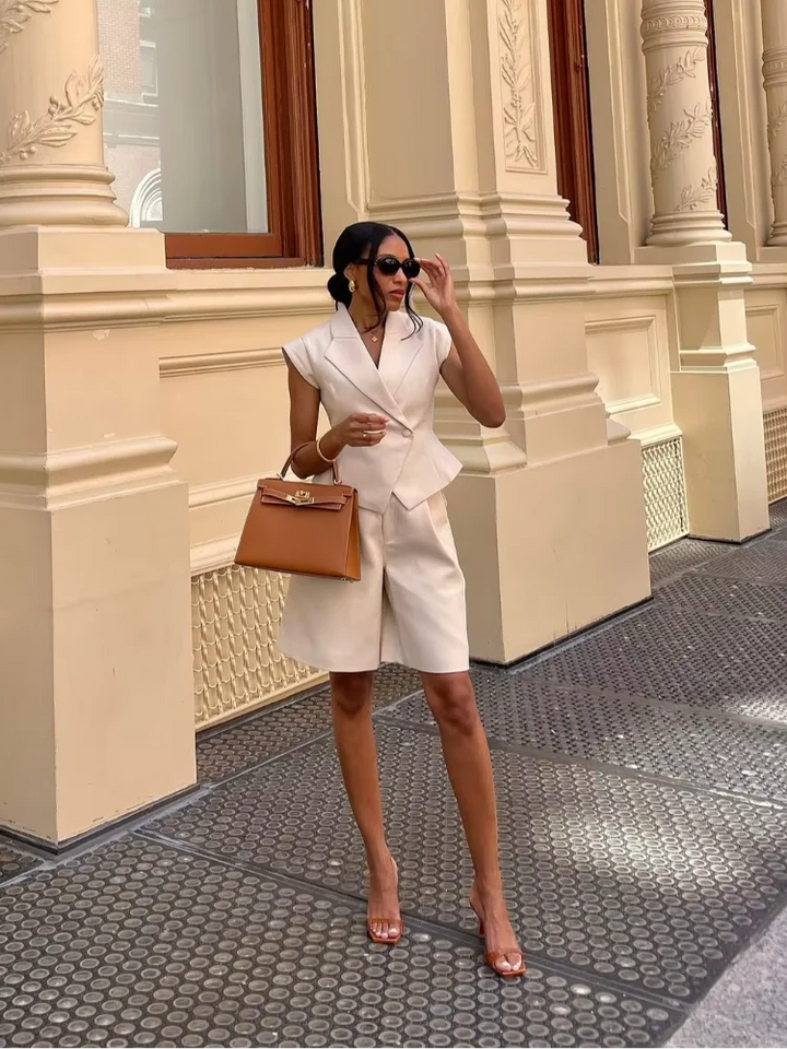 Women's Sleeveless V-Neck Top and High Waist Wide Leg Suit Set – Luxury Fabric Apricot
