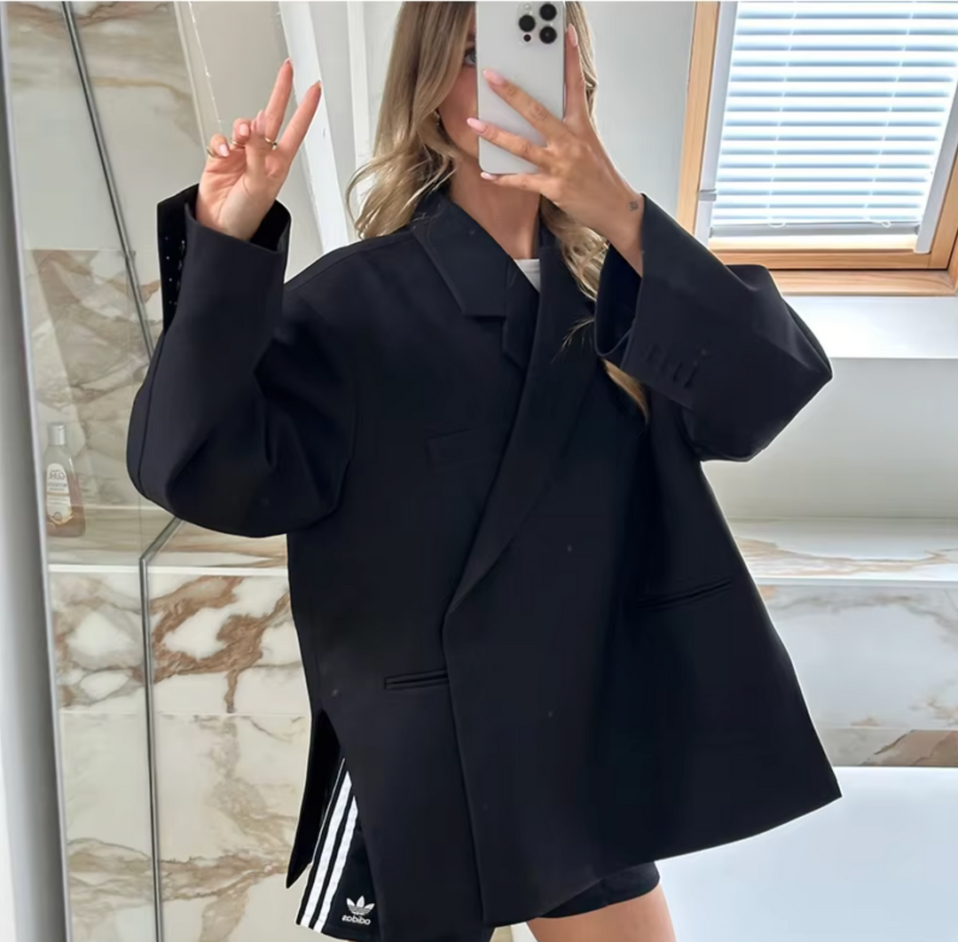 Women's Oversized Blazer - Classic Lapels & Long Sleeves - Casual Chic Style Black