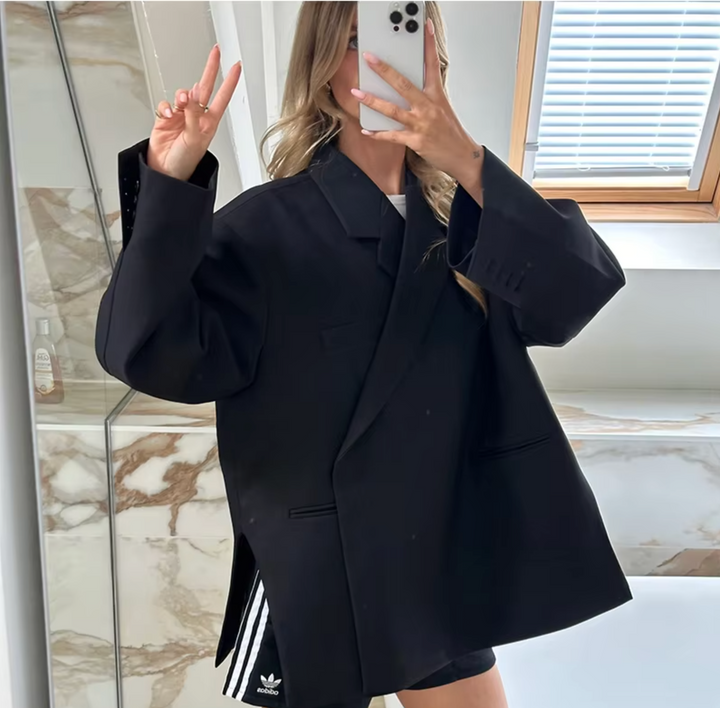 Women's Oversized Blazer - Classic Lapels & Long Sleeves - Casual Chic Style Black