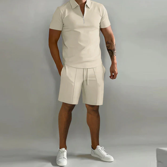 Men's Casual Zip-Up Shirt and Shorts Outfit Khaki