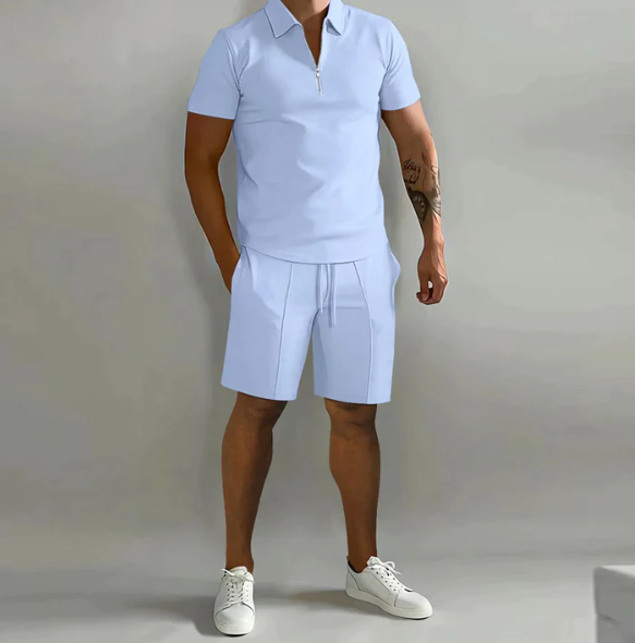 Men's Casual Zip-Up Shirt and Shorts Outfit Light Blue