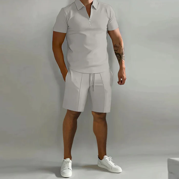 Men's Casual Zip-Up Shirt and Shorts Outfit Light Gray
