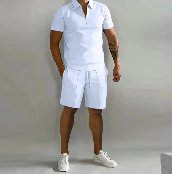 Men's Casual Zip-Up Shirt and Shorts Outfit White