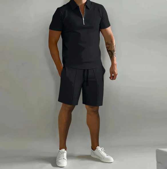 Men's Casual Zip-Up Shirt and Shorts Outfit Black