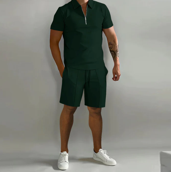 Men's Casual Zip-Up Shirt and Shorts Outfit Green