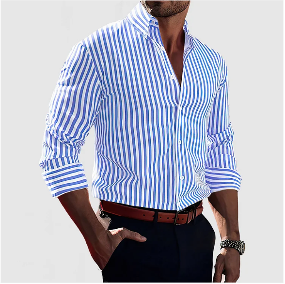 Men's Chic Striped Button-Up Shirt Light Blue