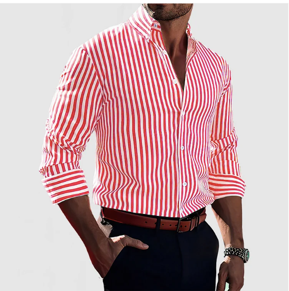 Men's Chic Striped Button-Up Shirt Red