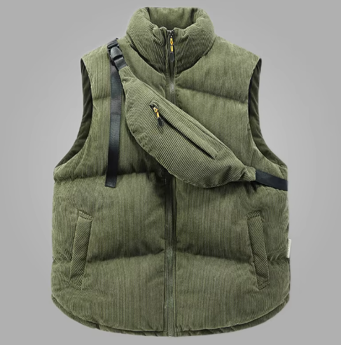 Men's Quilted Corduroy Bodywarmer - High Collar, Zip Closure, Adjustable Fit Green