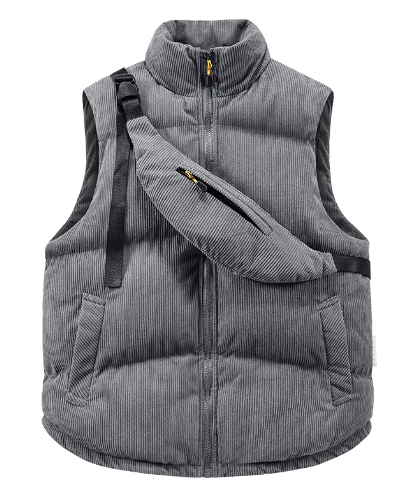 Men's Quilted Corduroy Bodywarmer - High Collar, Zip Closure, Adjustable Fit Grey