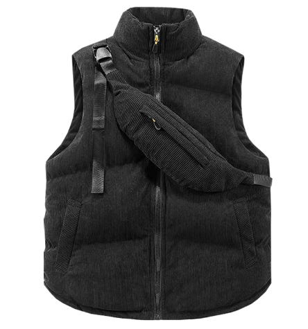 Men's Quilted Corduroy Bodywarmer - High Collar, Zip Closure, Adjustable Fit Black