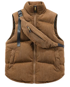 Men's Quilted Corduroy Bodywarmer - High Collar, Zip Closure, Adjustable Fit Brown