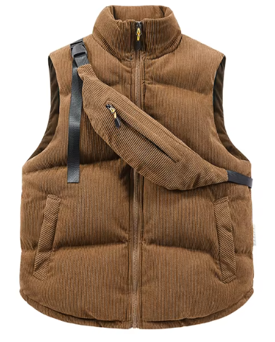 Men's Quilted Corduroy Bodywarmer - High Collar, Zip Closure, Adjustable Fit Brown