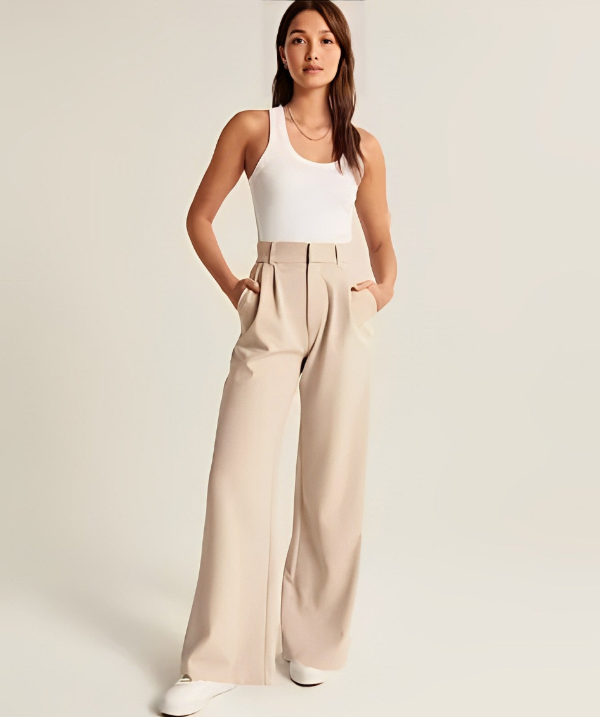Jiska | Women's Stylish High Waist Wide Leg Trousers - Trendy & Comfy Beige