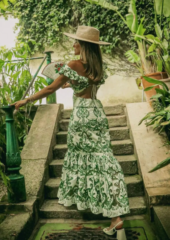 Amalia | Women's Long Cotton Summer Dress with Open Back – White-Green