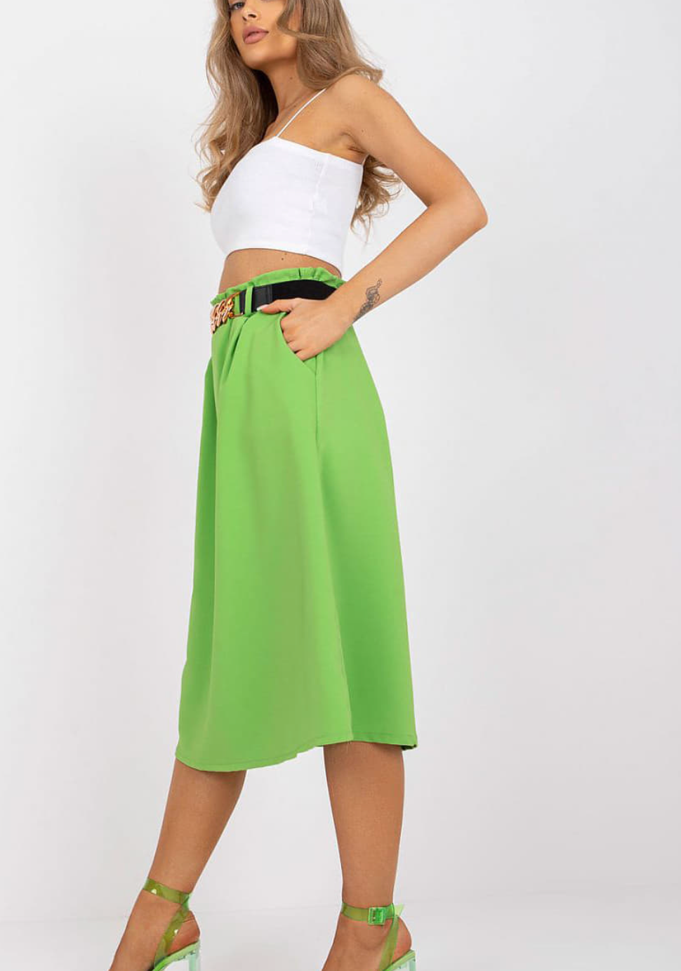 Women's High Waist Green Midi Skirt