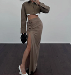 Women's High Waist Maxi Skirt – Elegant Fit with High Slit and Rosette Details