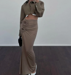 Women's High Waist Maxi Skirt – Elegant Fit with High Slit and Rosette Details L
