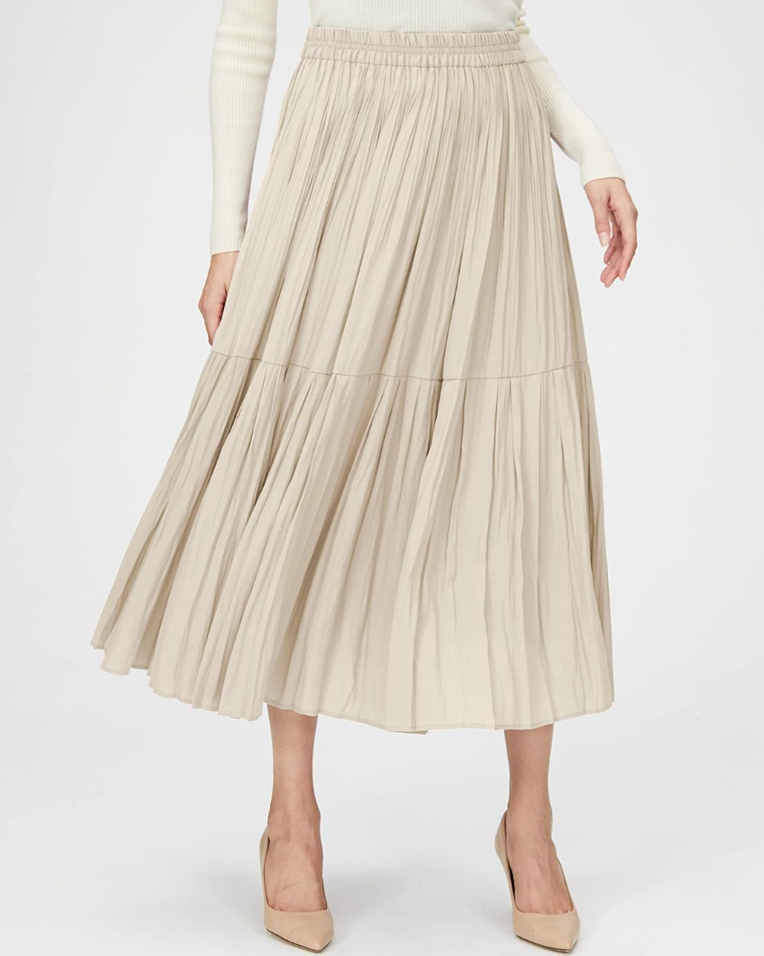 Women's High Waist Midi Skirt - Pleated Design with Elastic Waistband - Lightweight L
