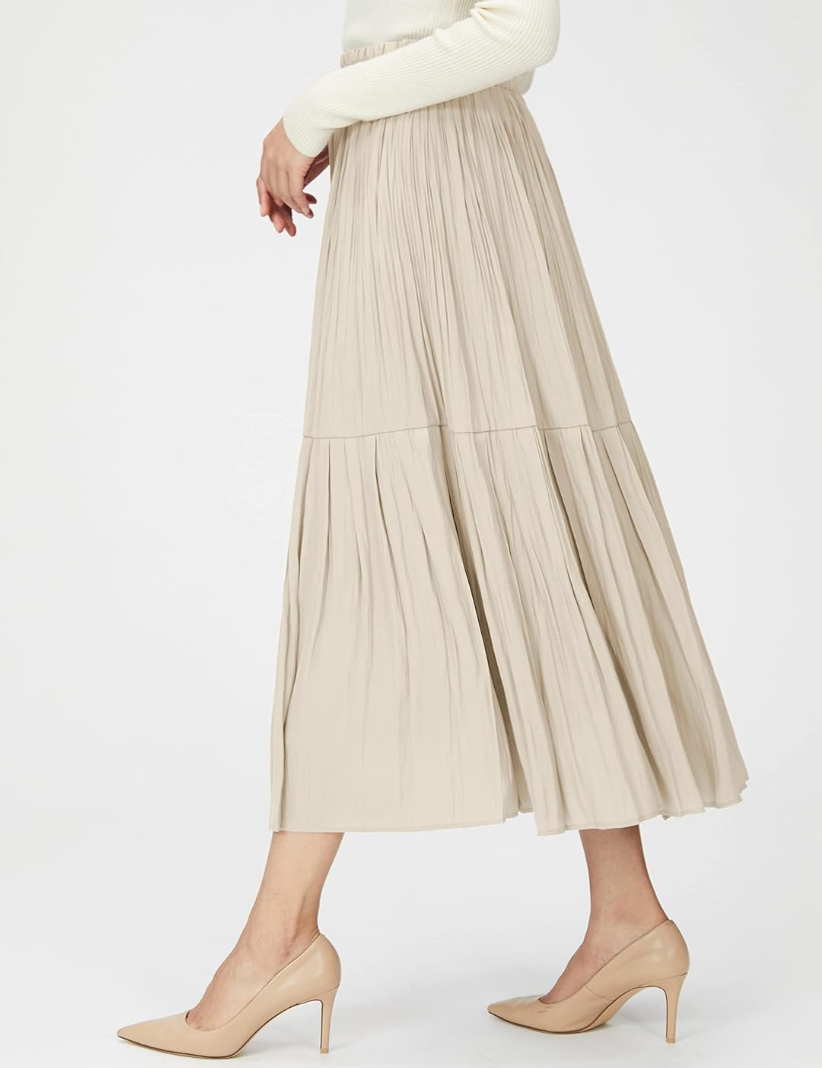 Women's High Waist Midi Skirt - Pleated Design with Elastic Waistband - Lightweight