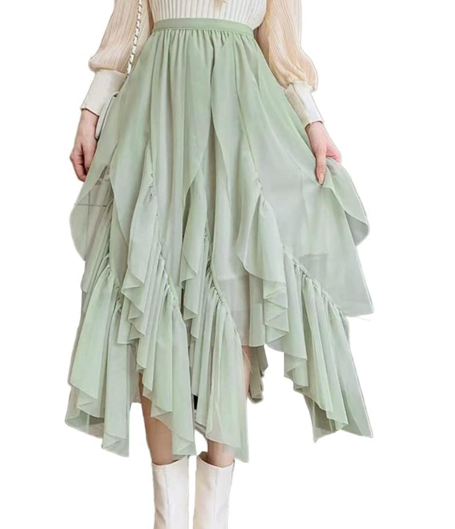 Women's Ruffled Green Midi Skirt