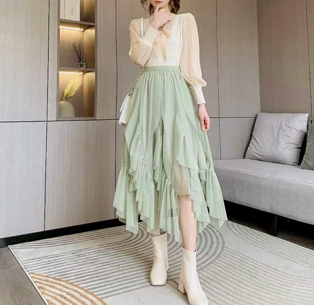 Women's Ruffled Green Midi Skirt
