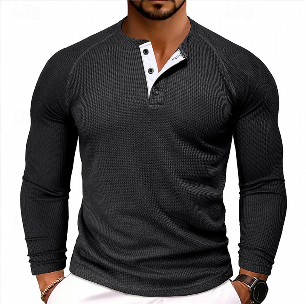 Men's Long Sleeve Henley Shirt Black