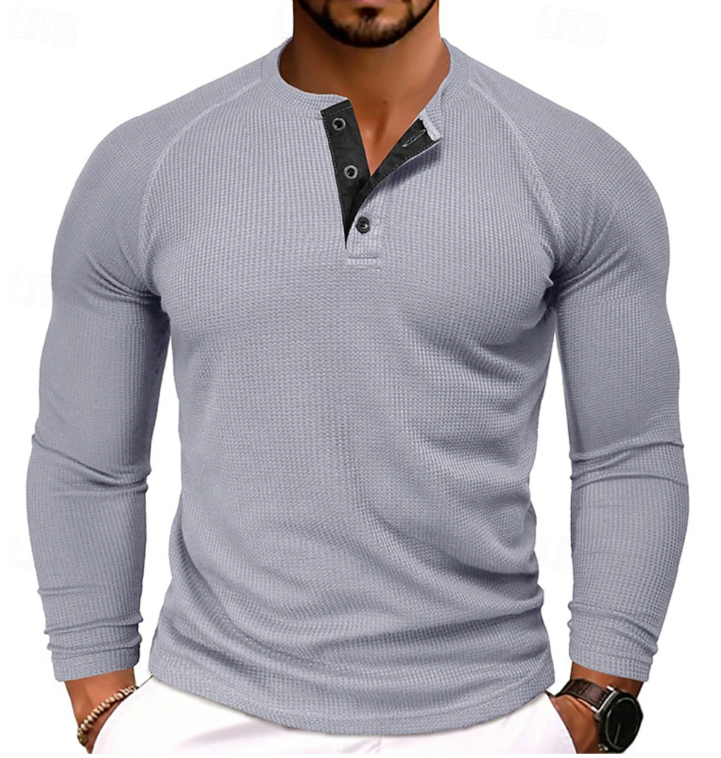 Men's Long Sleeve Henley Shirt Light Grey