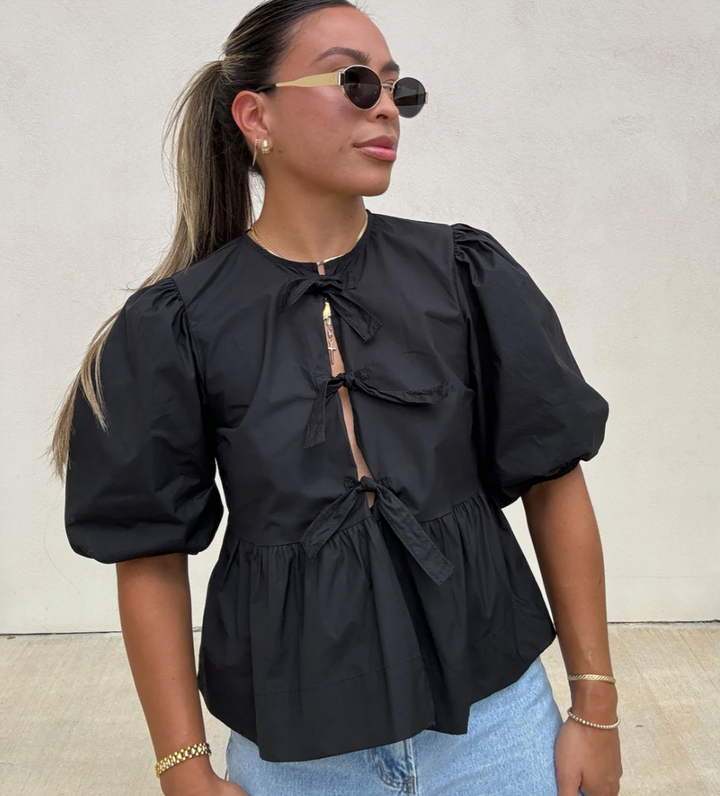 Women's Lightweight Striped Blouse with Puff Sleeves - Loose Fit Black