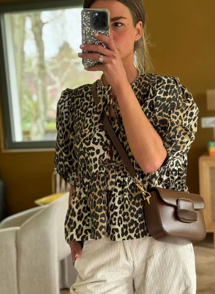 Women's Lightweight Striped Blouse with Puff Sleeves - Loose Fit Tiger Print