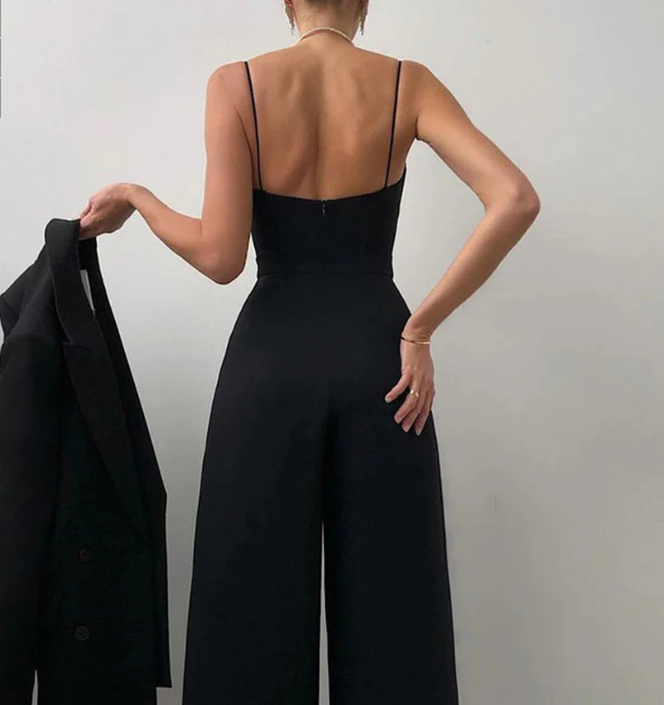 Women's Elegant V-Neck Wrap Jumpsuit with Spaghetti Straps and Wide Legs