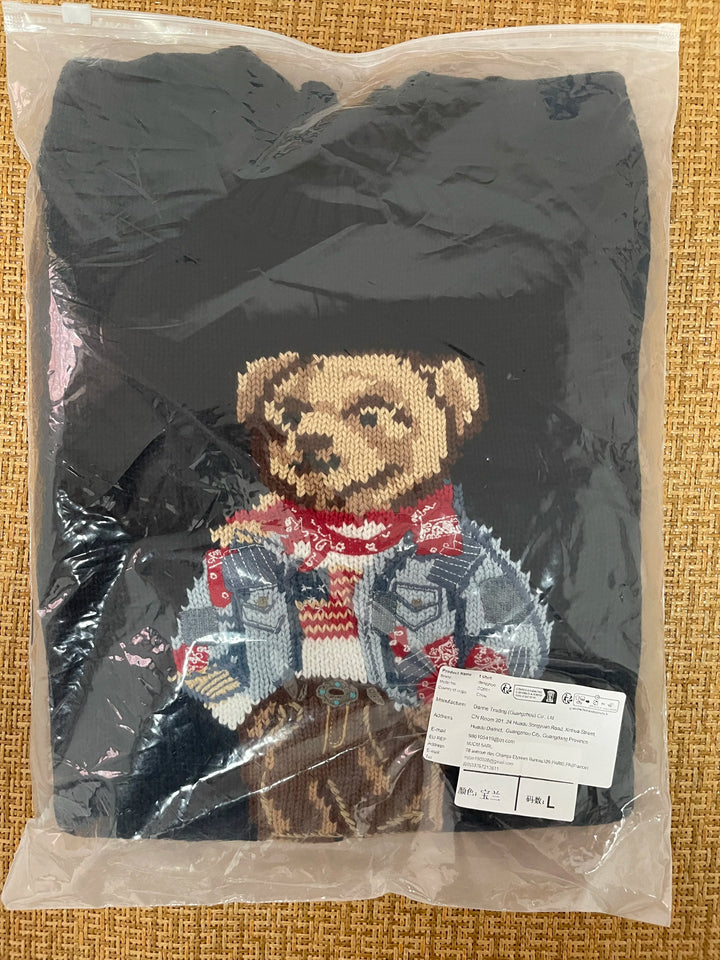 Women's Embroidered Loose Knitted Cotton Christmas Sweater with Cartoon Bear