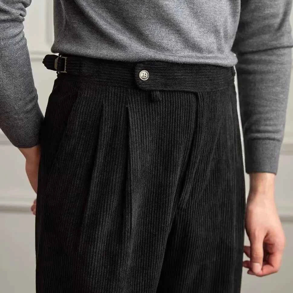 Men's High-Waist Pleated Trousers - Naples Style Black