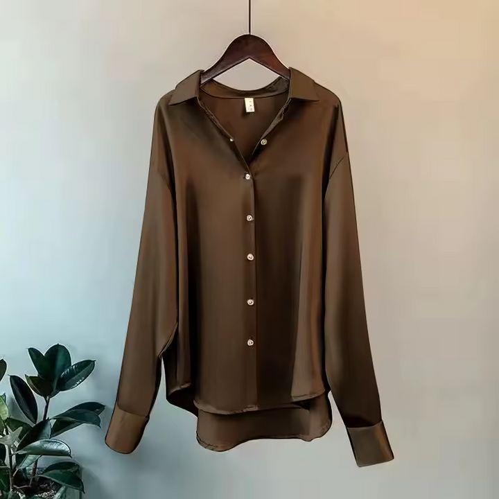 Women's Long Sleeve Silk Blouse - Satin Button-Up Shirt Brown
