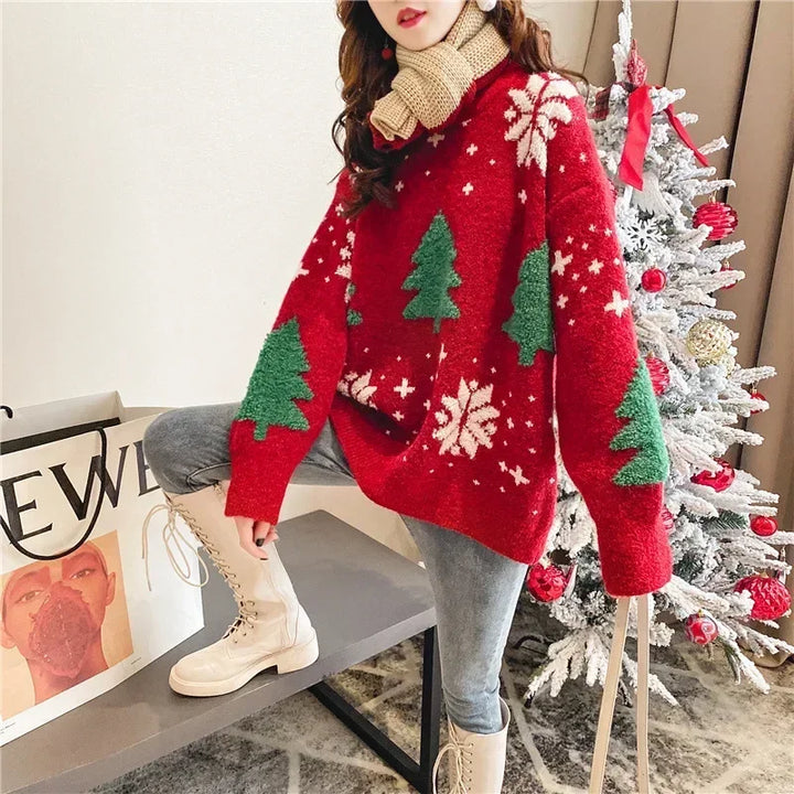 Women's Thickened Color Blocked Christmas Hoodie Sweater with Snowflakes Red One Size