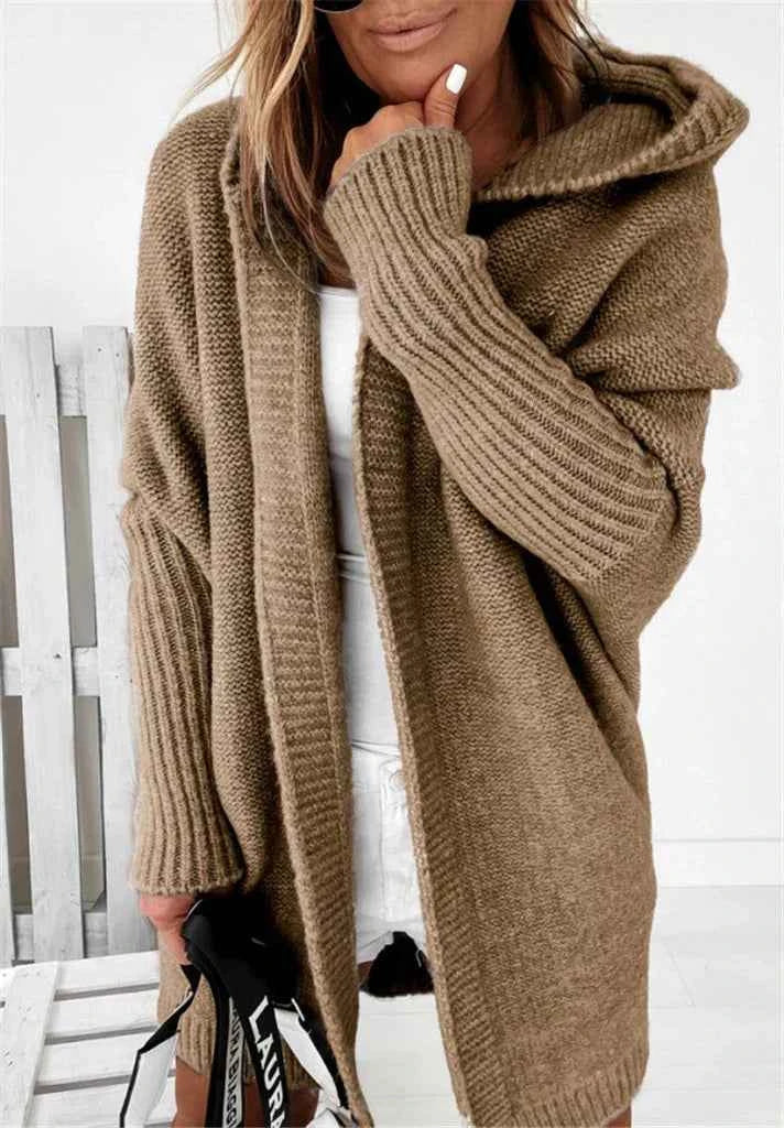 Women's Oversized Knitted Wool Blend Cardigan with Hood Khaki