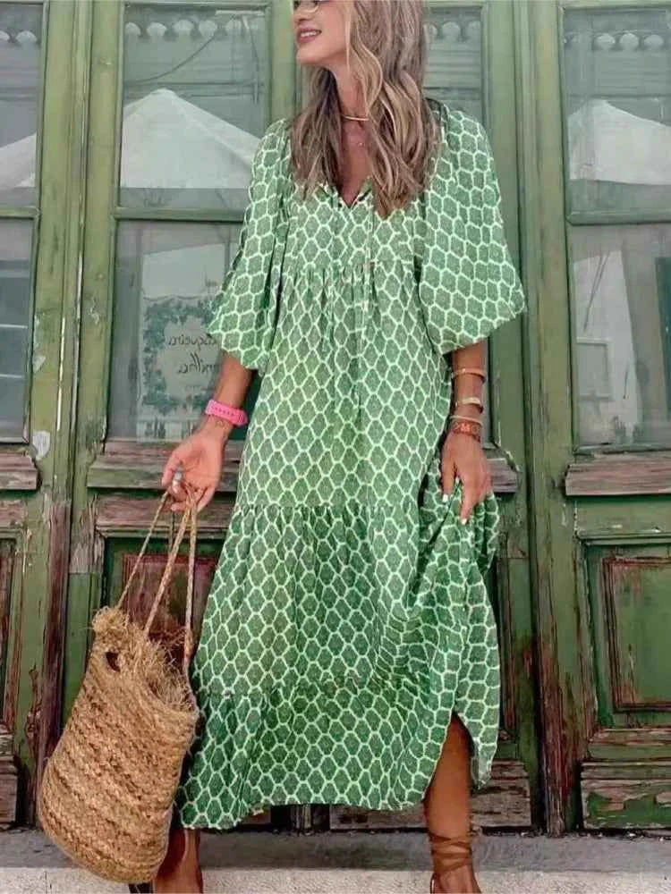Roosmarijn | Boho Maxi Dress with Floral Print for Women Green