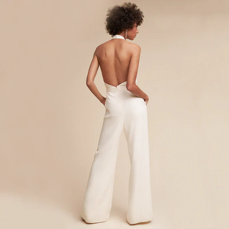Macacão Elegante Feminino com Decote em V, Costas Nuas e Perna Larga